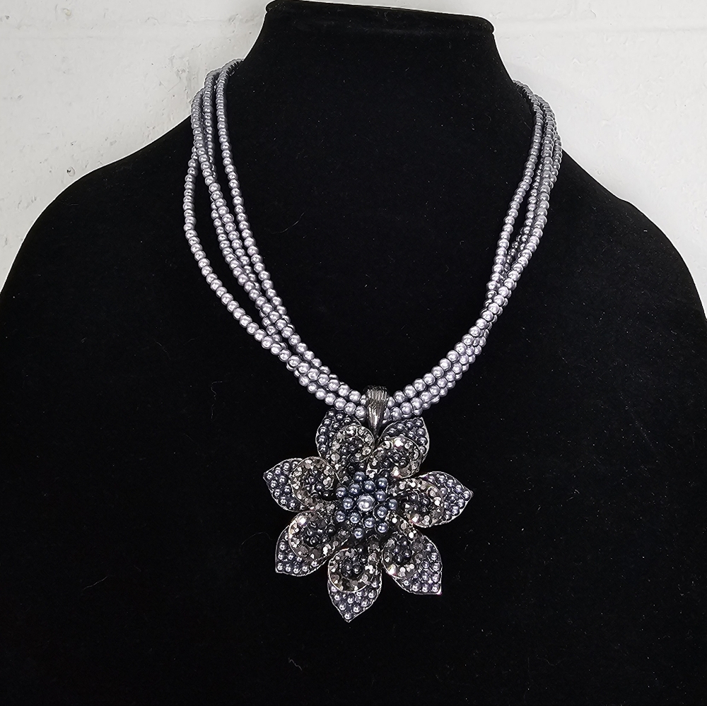 Rhinestone Flower Statement Necklace Gray Silver Tone Multi Strand